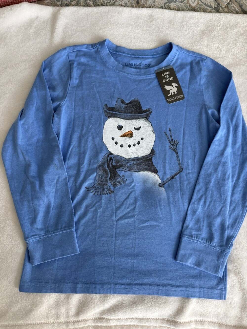 Life is Good Kids L Crusher Long Sleeve Tee Snowman Peace Sign Blue Winter NWT
